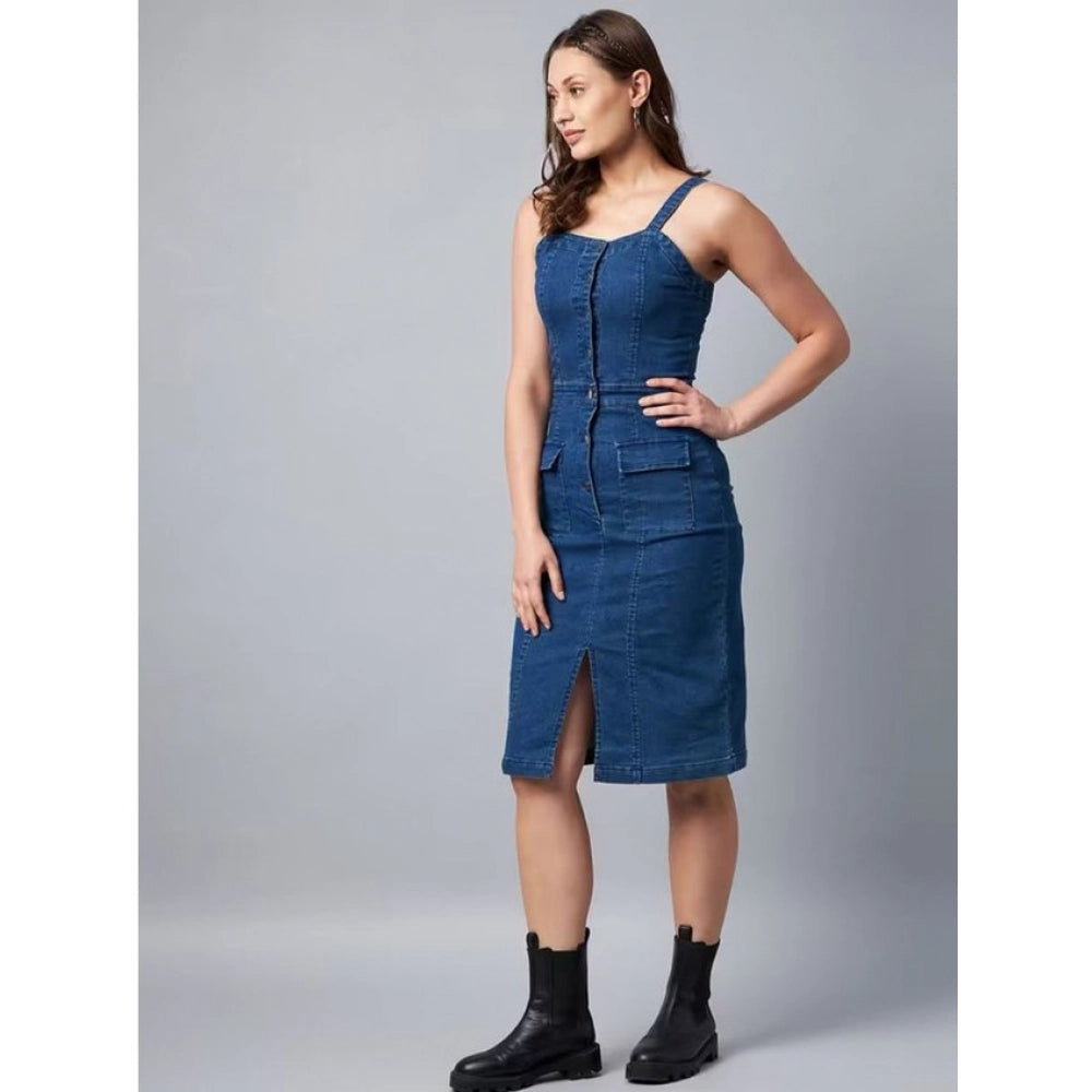 Snuggle Spot Women's Casual Denim Sleeveless Dress (Blue)