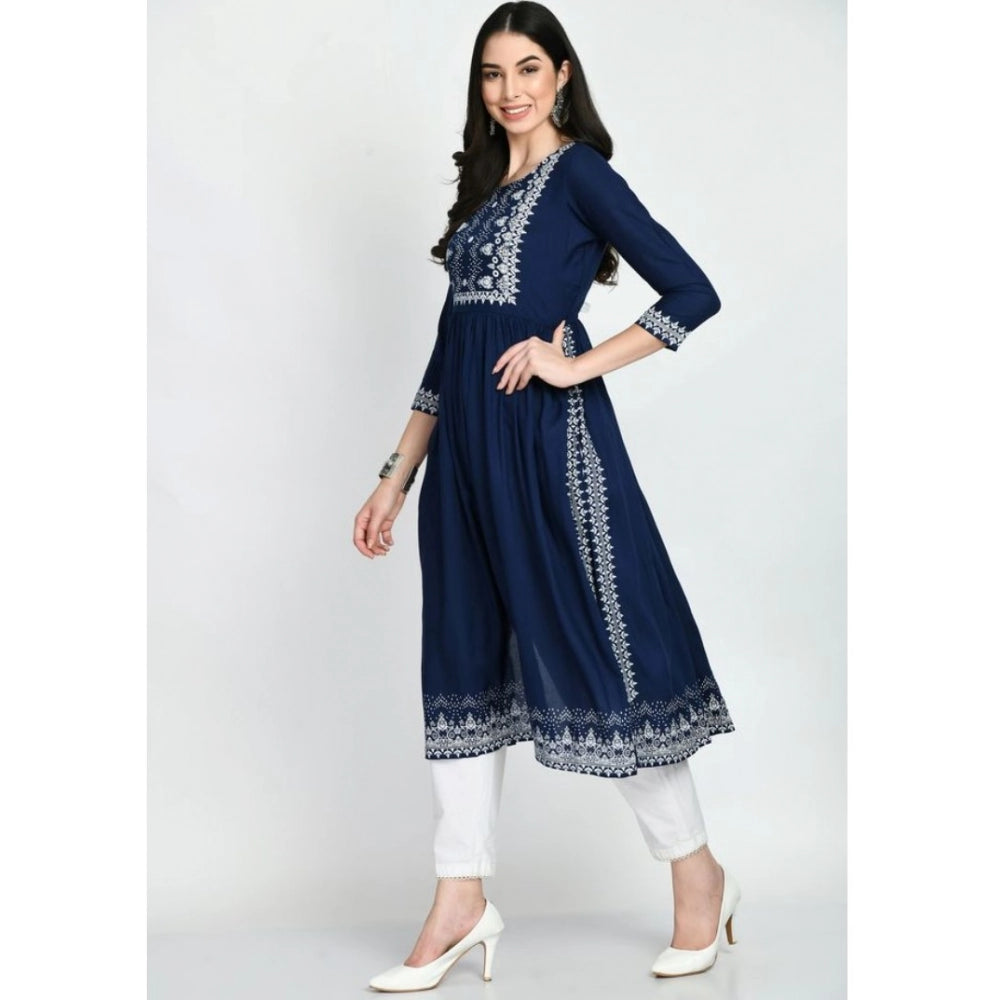 Snuggle Spot Women's Casual Rayon 3-4th Sleeves Kurti (Blue)