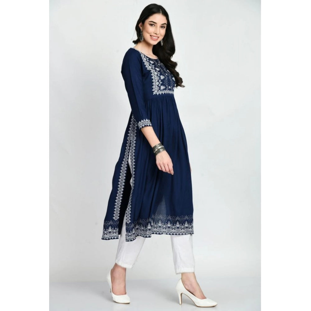Snuggle Spot Women's Casual Rayon 3-4th Sleeves Kurti (Blue)