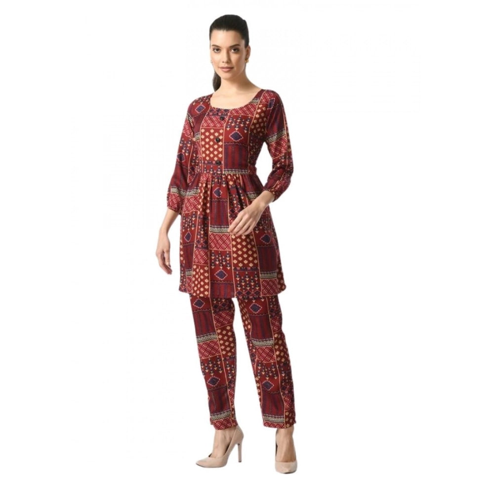 Snuggle Spot Women's Casual Crepe 3-4th Sleeves Cord Set (Maroon)