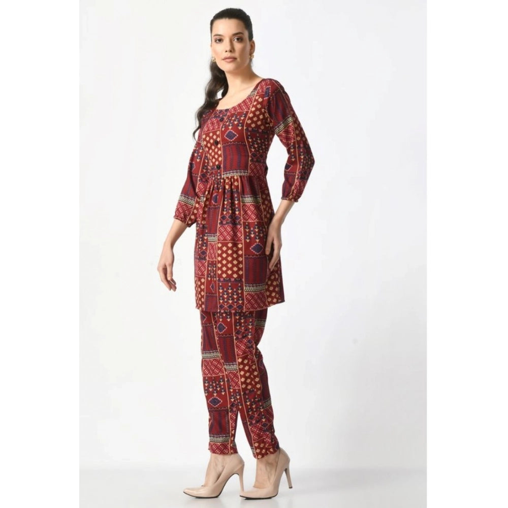 Snuggle Spot Women's Casual Crepe 3-4th Sleeves Cord Set (Maroon)