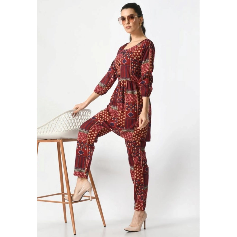 Snuggle Spot Women's Casual Crepe 3-4th Sleeves Cord Set (Maroon)
