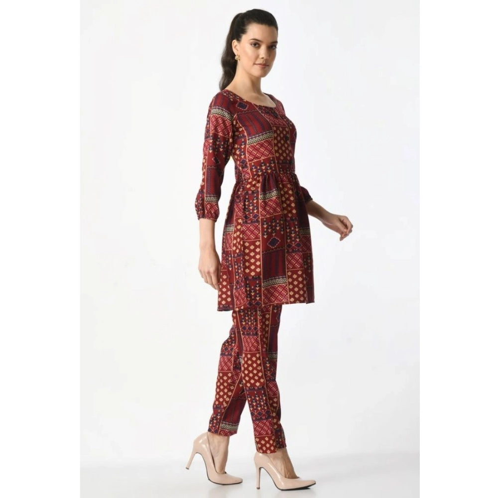 Snuggle Spot Women's Casual Crepe 3-4th Sleeves Cord Set (Maroon)