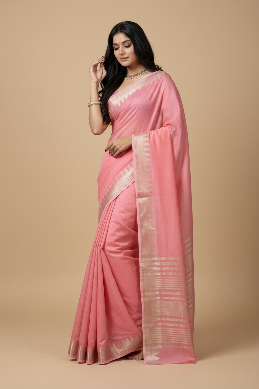 Snuggle Spot Women's Cotton Printed Saree With Unstitched Blouse 5.5Mtr (Coral Pink)
