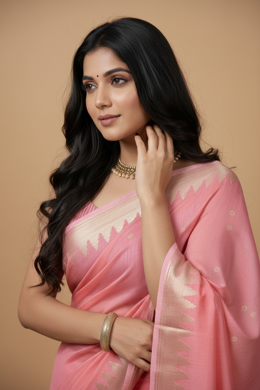 Snuggle Spot Women's Cotton Printed Saree With Unstitched Blouse 5.5Mtr (Coral Pink)