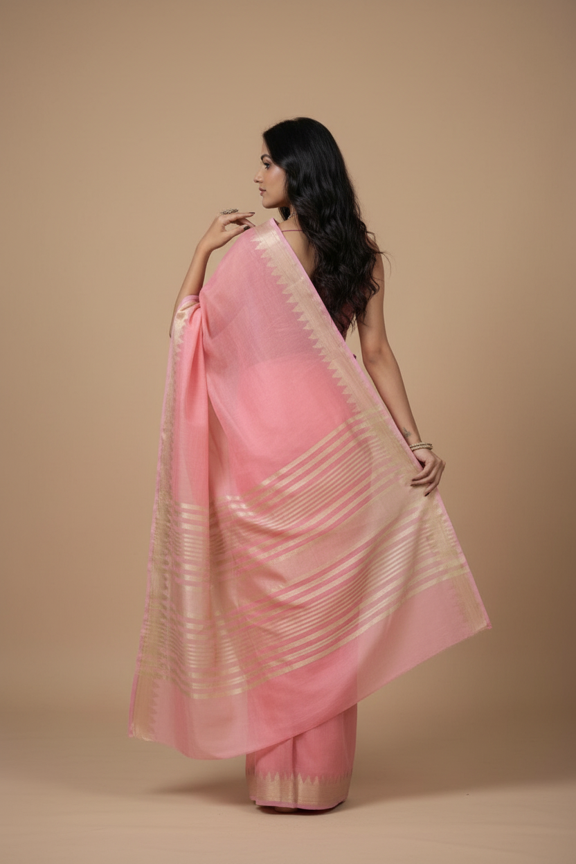 Snuggle Spot Women's Cotton Printed Saree With Unstitched Blouse 5.5Mtr (Coral Pink)
