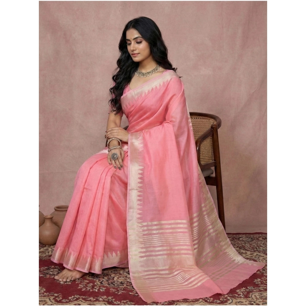 Snuggle Spot Women's Cotton Printed Saree With Unstitched Blouse 5.5Mtr (Coral Pink)