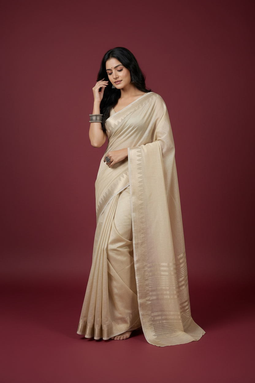 Snuggle Spot Women's Cotton Printed Saree With Unstitched Blouse 5.5Mtr (Cream)