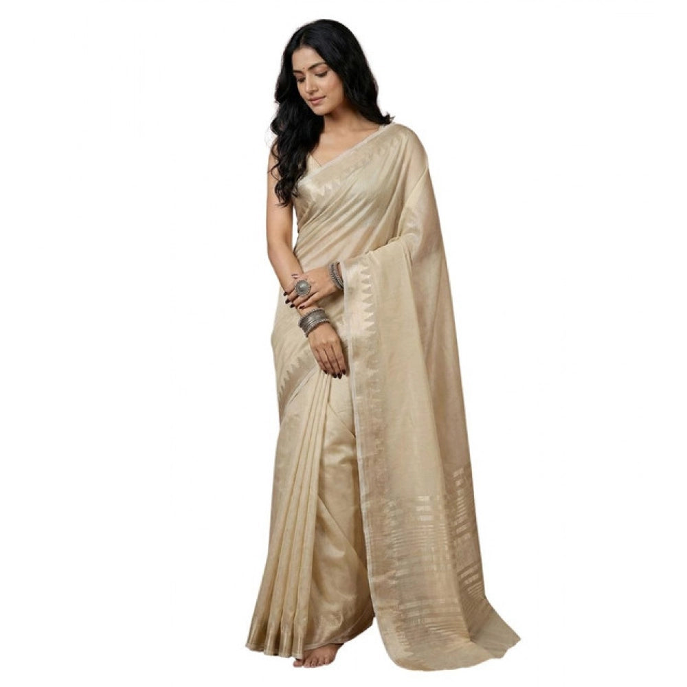 Snuggle Spot Women's Cotton Printed Saree With Unstitched Blouse 5.5Mtr (Cream)