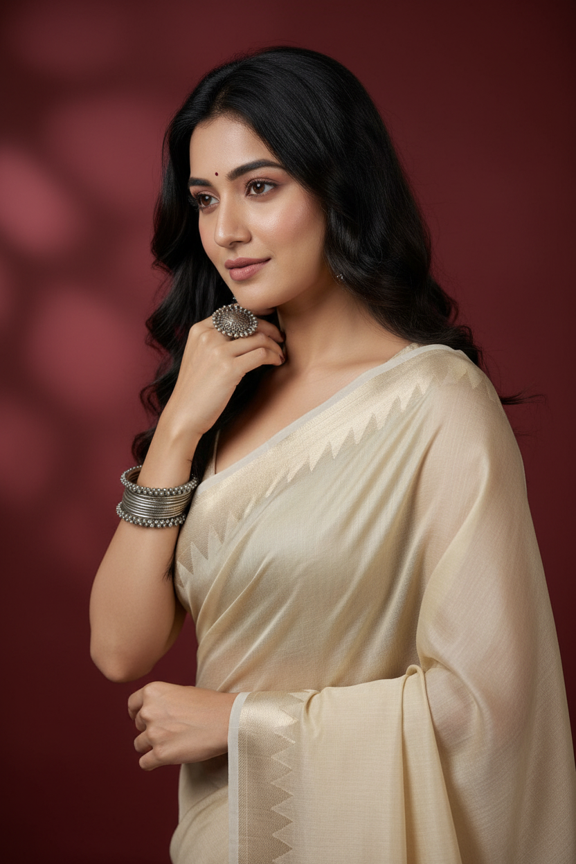 Snuggle Spot Women's Cotton Printed Saree With Unstitched Blouse 5.5Mtr (Cream)