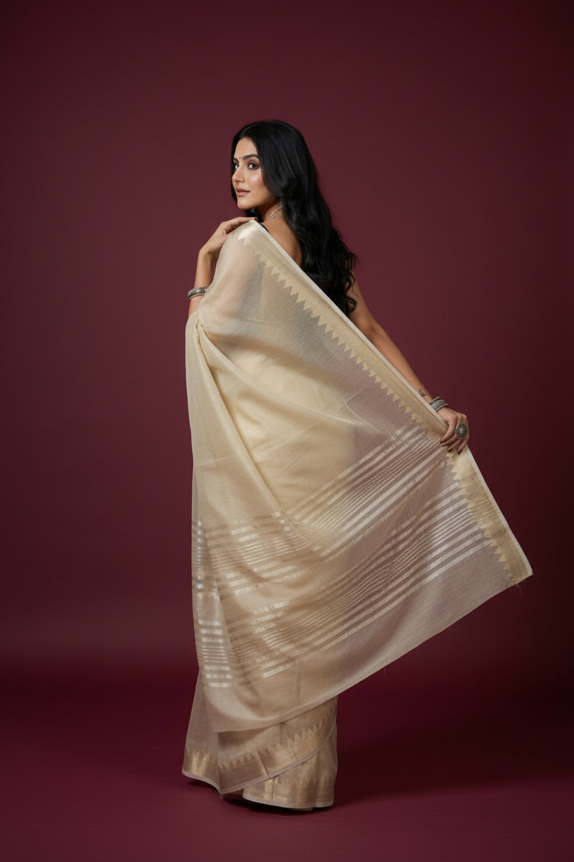 Snuggle Spot Women's Cotton Printed Saree With Unstitched Blouse 5.5Mtr (Cream)