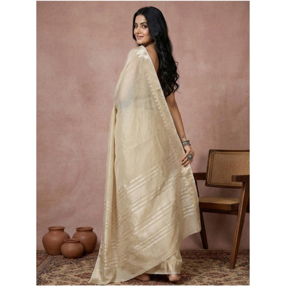 Snuggle Spot Women's Cotton Printed Saree With Unstitched Blouse 5.5Mtr (Cream)