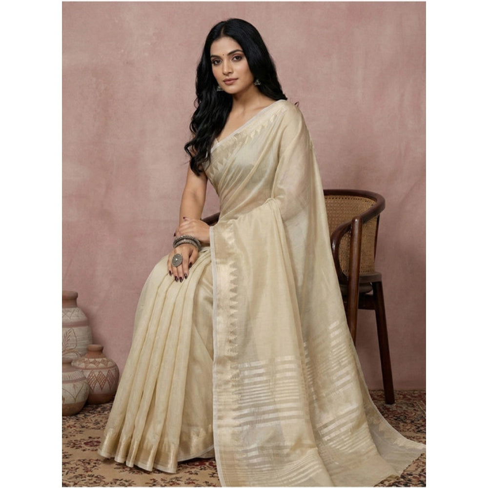 Snuggle Spot Women's Cotton Printed Saree With Unstitched Blouse 5.5Mtr (Cream)