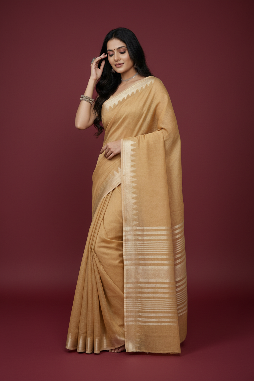 Snuggle Spot Women's Cotton Printed Saree With Unstitched Blouse 5.5Mtr (Golden)