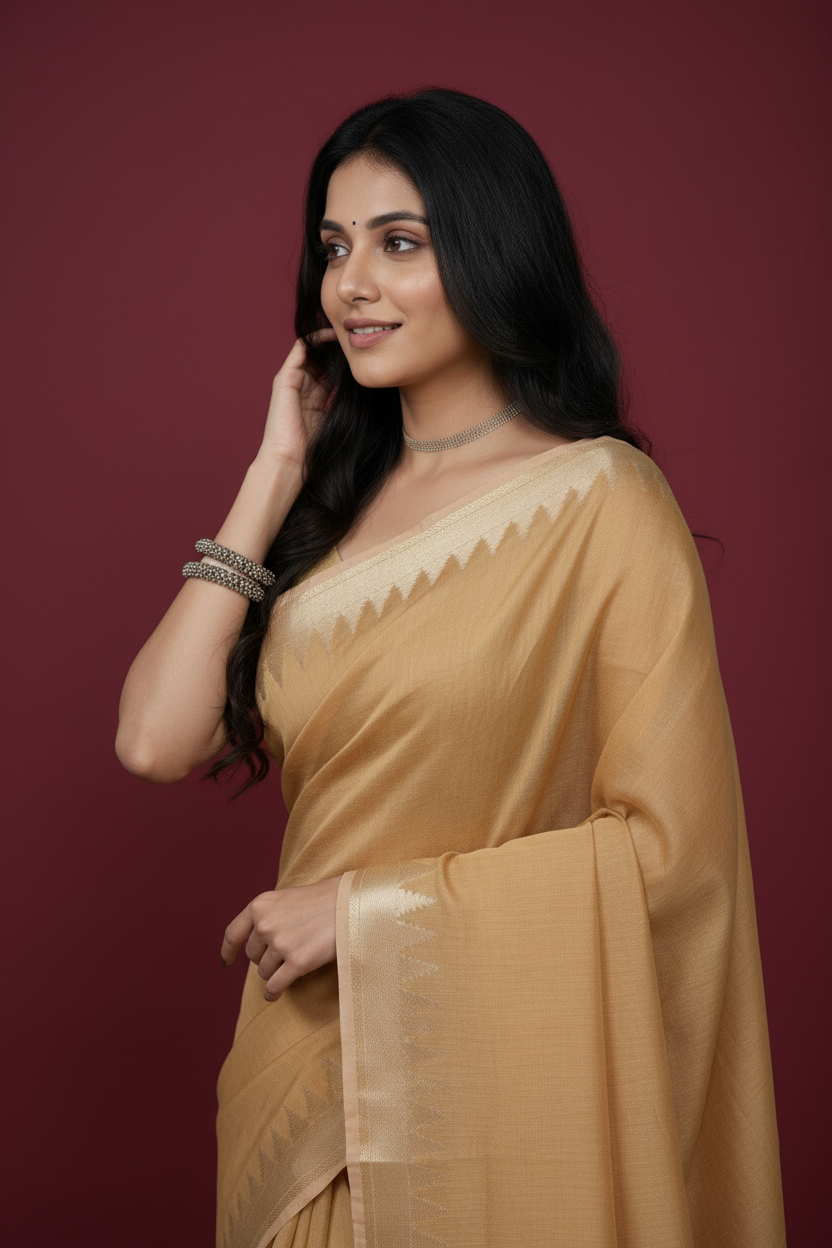 Snuggle Spot Women's Cotton Printed Saree With Unstitched Blouse 5.5Mtr (Golden)