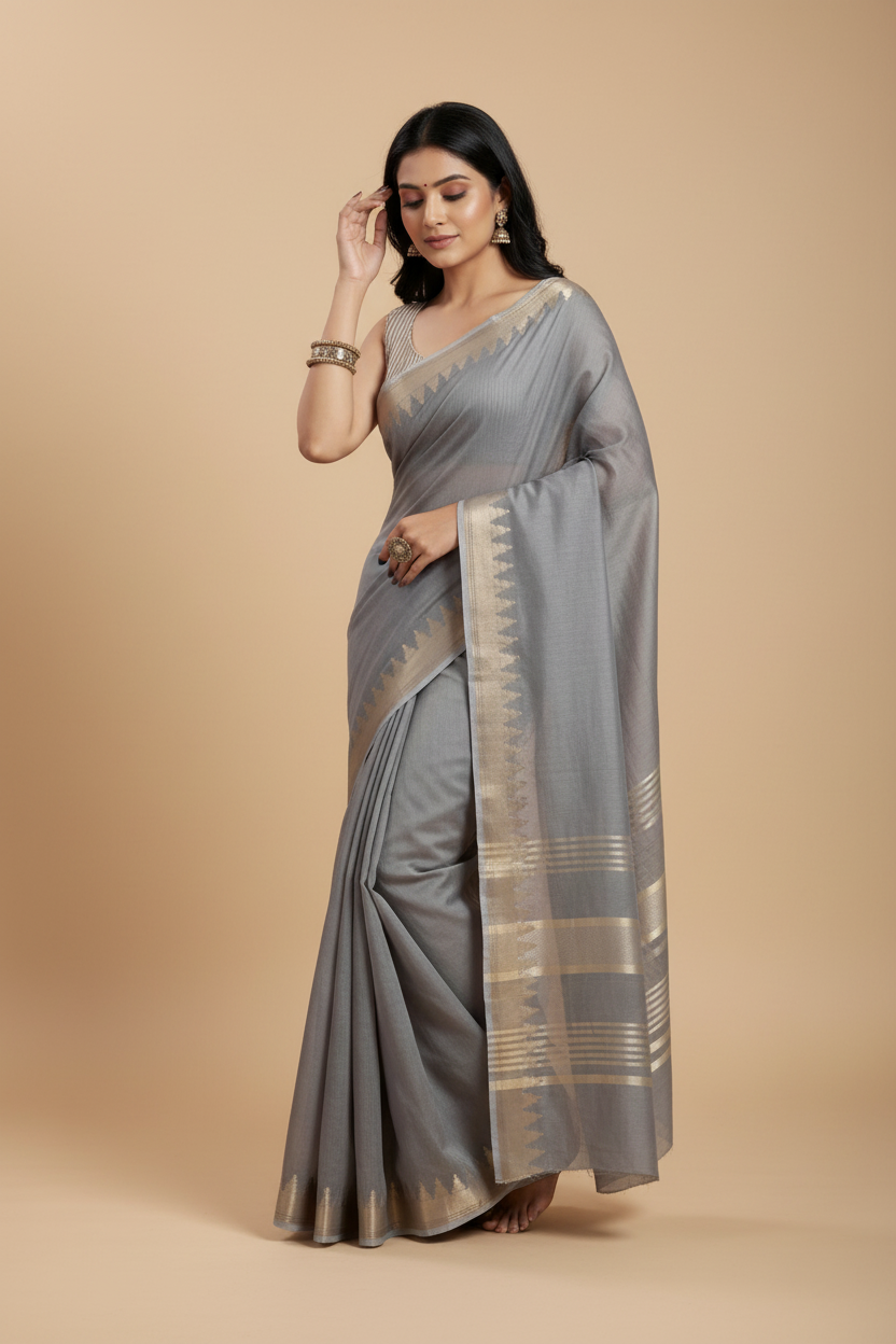 Snuggle Spot Women's Cotton Printed Saree With Unstitched Blouse 5.5Mtr (Gray)