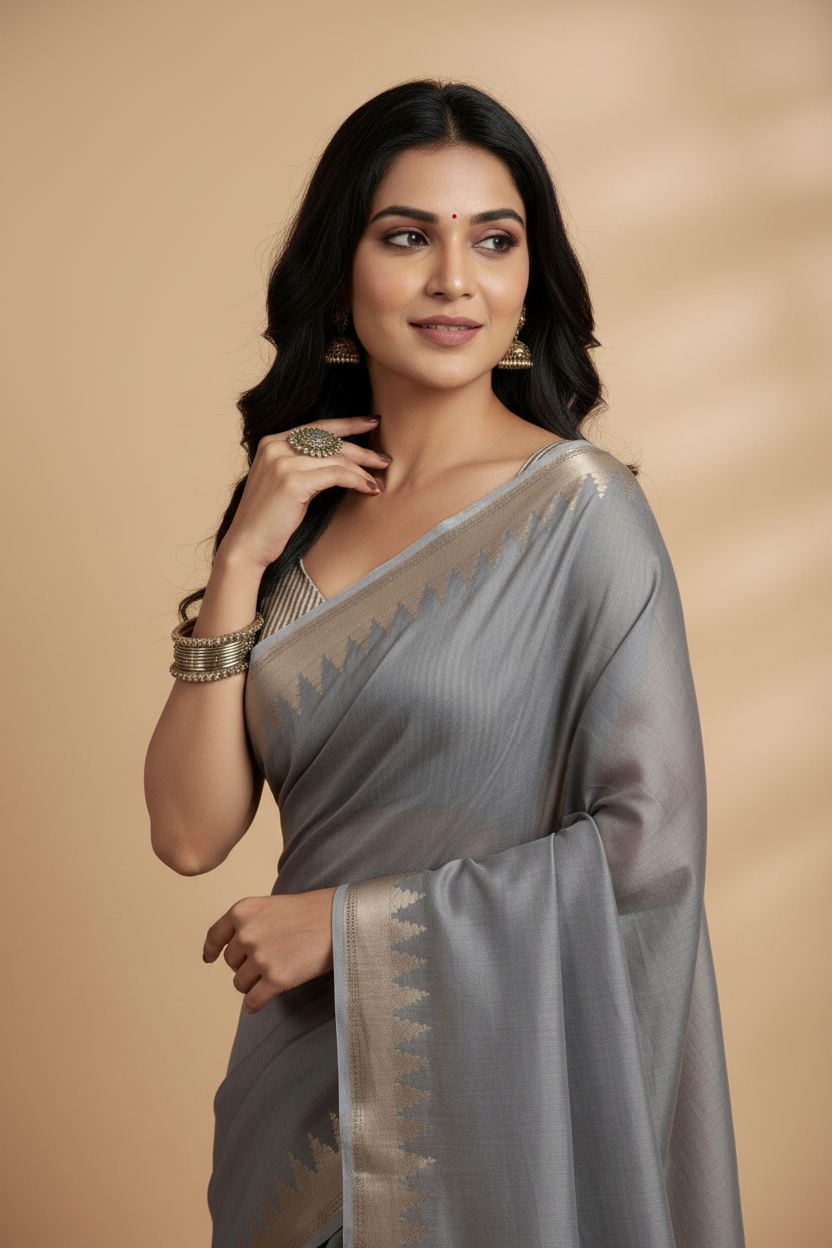 Snuggle Spot Women's Cotton Printed Saree With Unstitched Blouse 5.5Mtr (Gray)