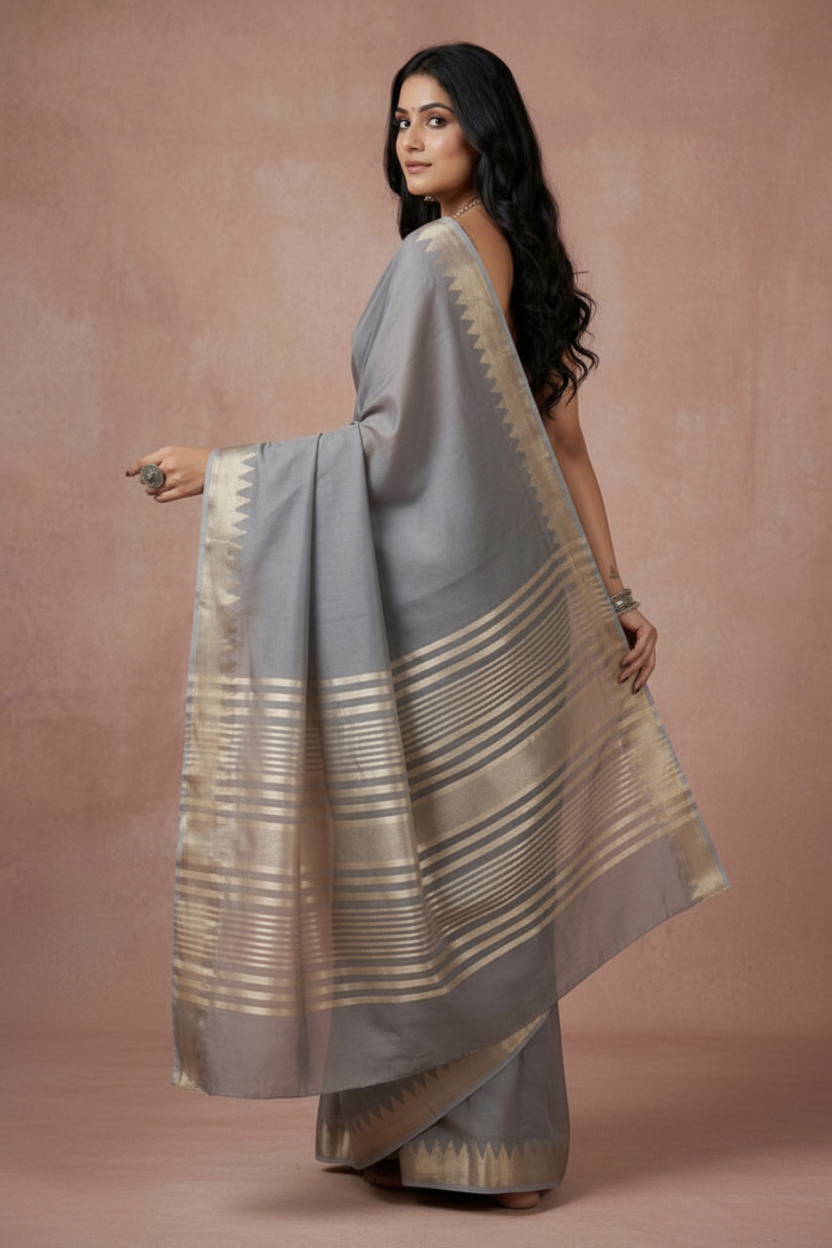 Snuggle Spot Women's Cotton Printed Saree With Unstitched Blouse 5.5Mtr (Gray)