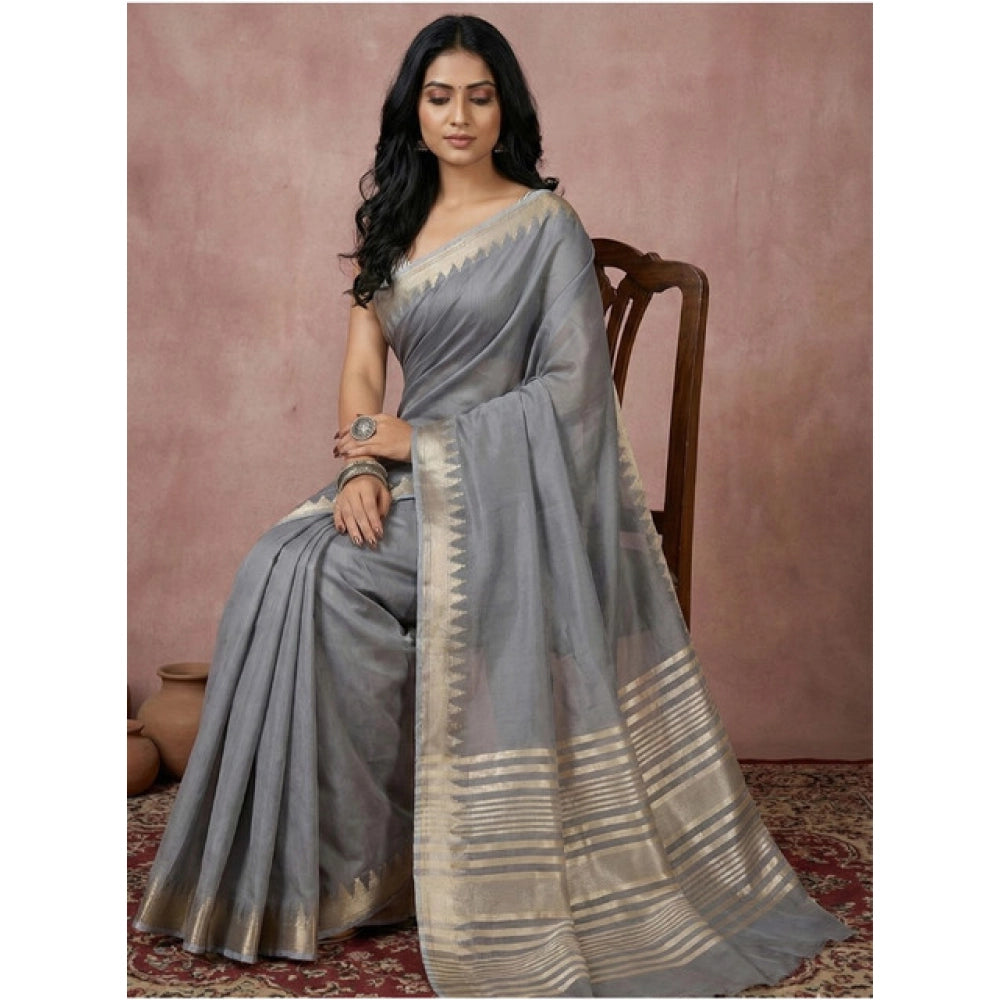 Snuggle Spot Women's Cotton Printed Saree With Unstitched Blouse 5.5Mtr (Gray)
