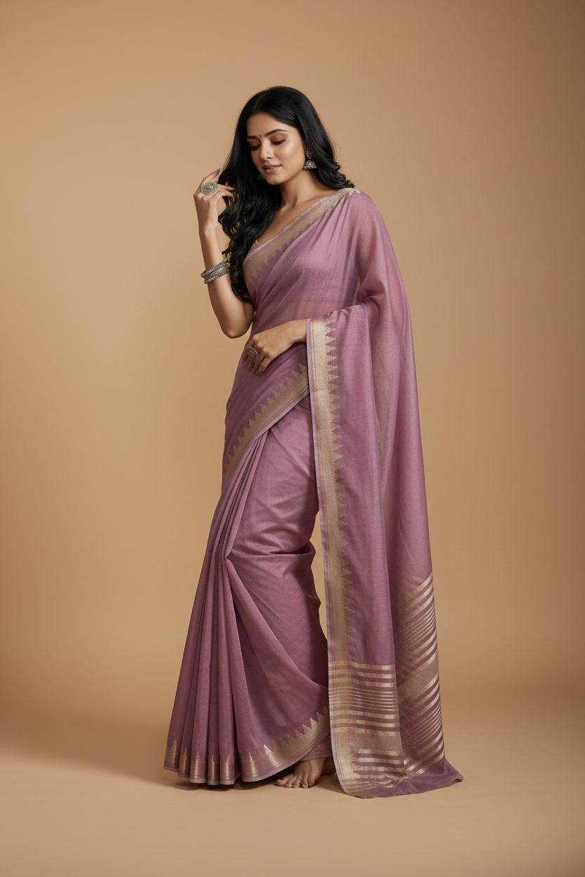Snuggle Spot Women's Cotton Printed Saree With Unstitched Blouse 5.5Mtr (Purple)
