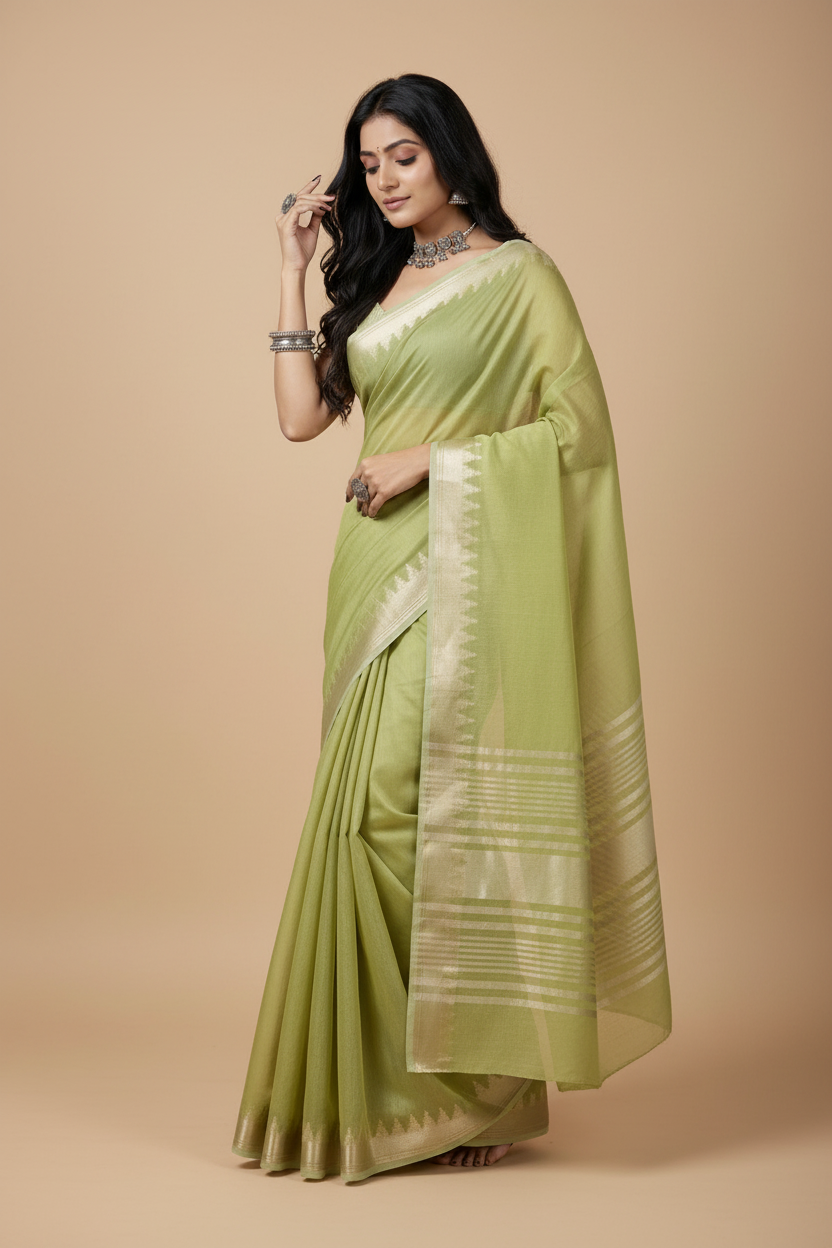 Snuggle Spot Women's Cotton Printed Saree With Unstitched Blouse 5.5Mtr (Light Green)