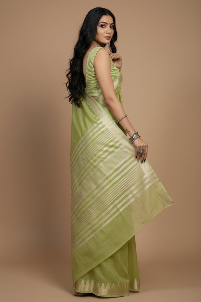 Snuggle Spot Women's Cotton Printed Saree With Unstitched Blouse 5.5Mtr (Light Green)