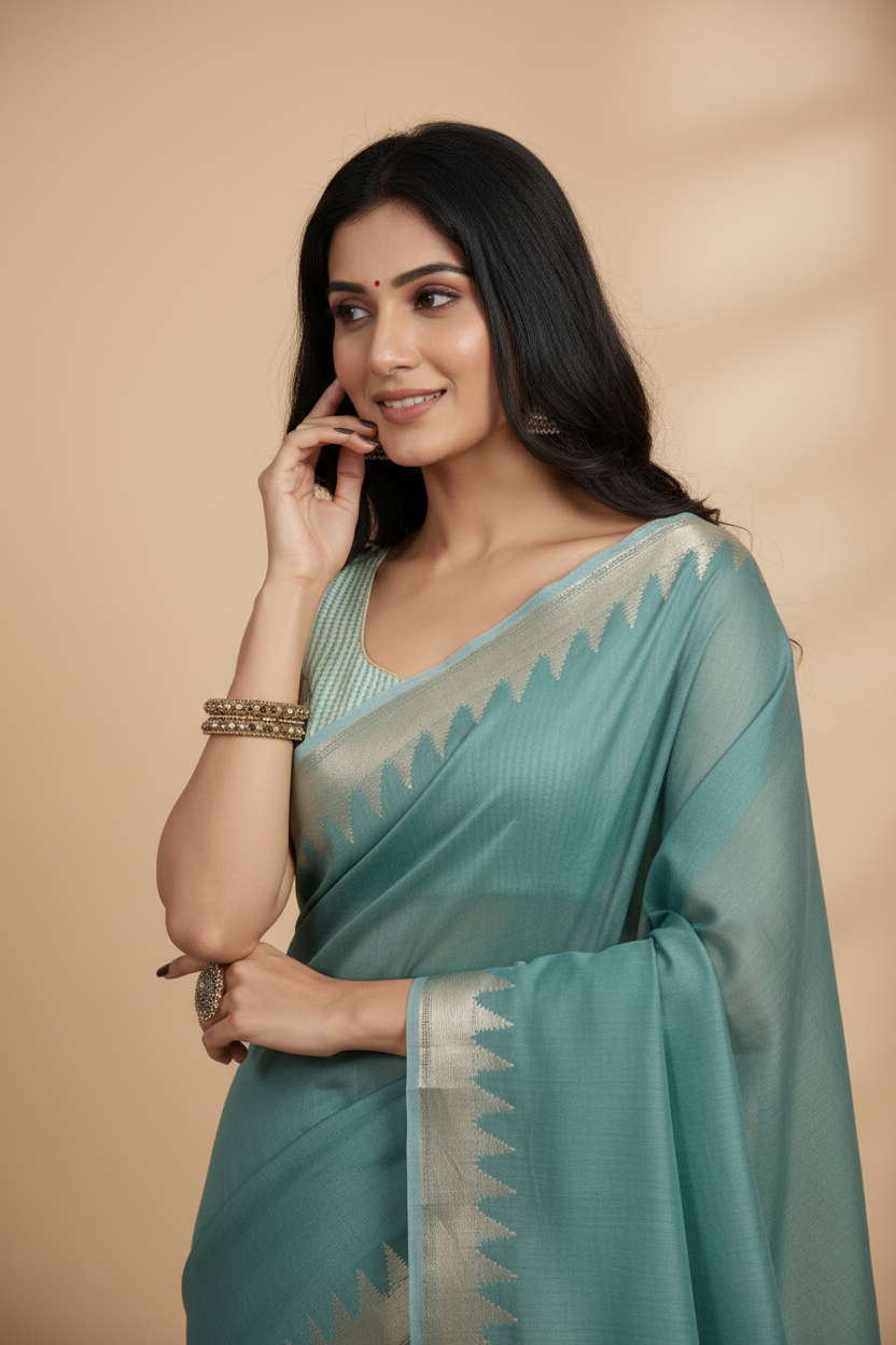 Snuggle Spot Women's Cotton Printed Saree With Unstitched Blouse 5.5Mtr (Teal)