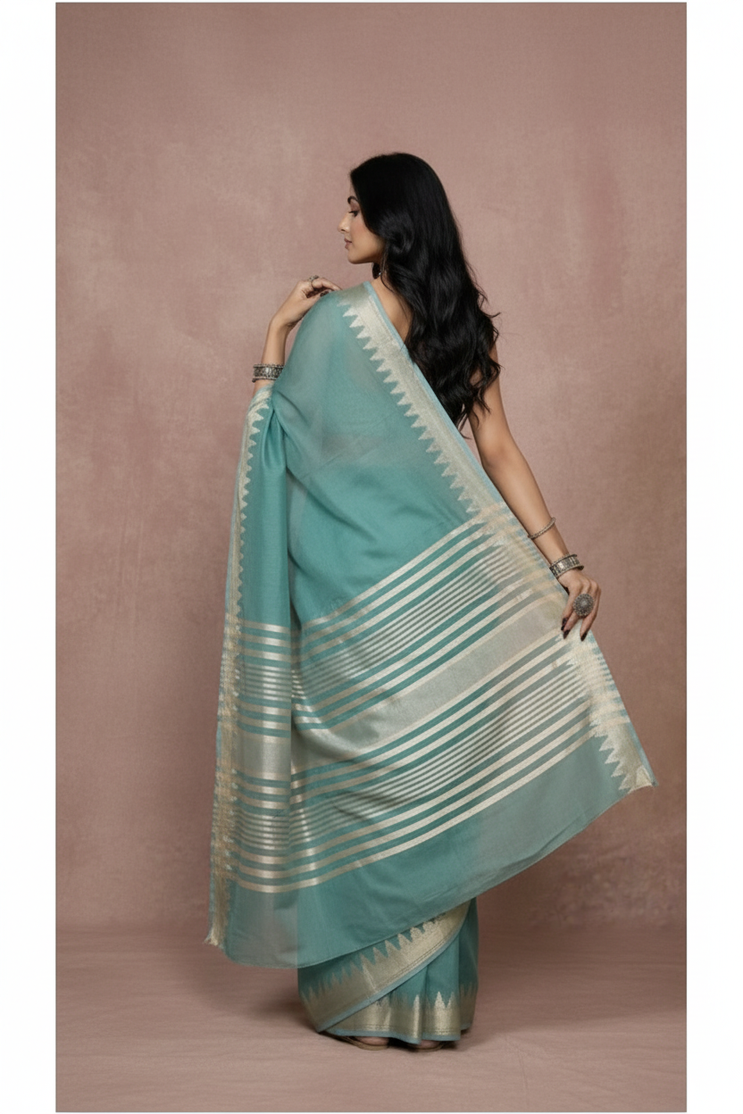 Snuggle Spot Women's Cotton Printed Saree With Unstitched Blouse 5.5Mtr (Teal)