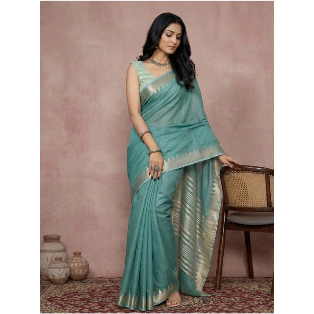 Snuggle Spot Women's Cotton Printed Saree With Unstitched Blouse 5.5Mtr (Teal)