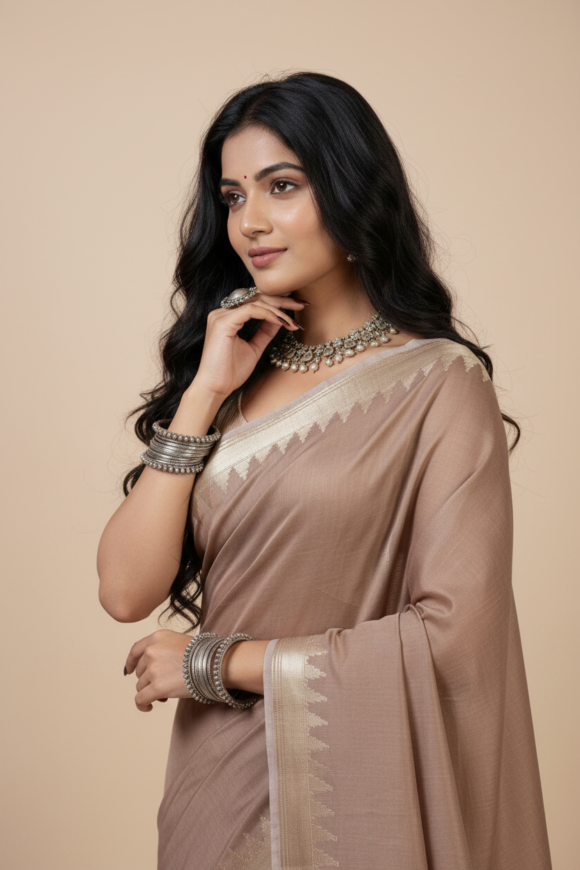 Snuggle Spot Women's Cotton Printed Saree With Unstitched Blouse 5.5Mtr (Beige)