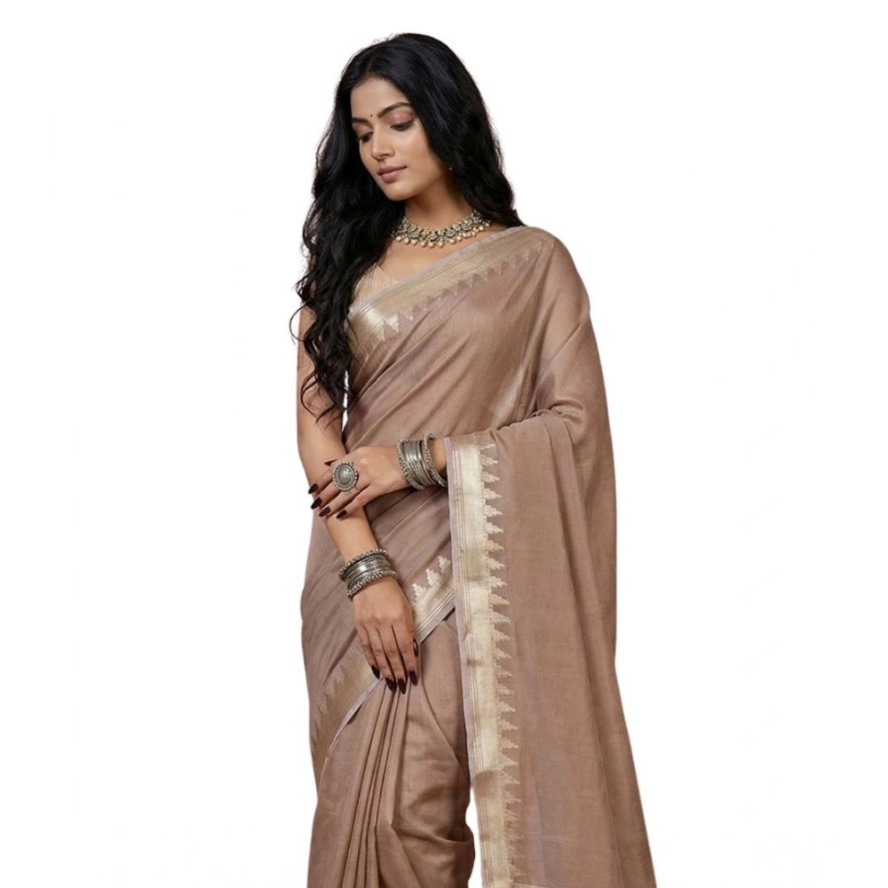 Snuggle Spot Women's Cotton Printed Saree With Unstitched Blouse 5.5Mtr (Beige)