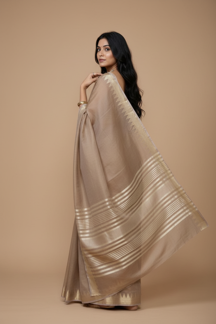 Snuggle Spot Women's Cotton Printed Saree With Unstitched Blouse 5.5Mtr (Beige)