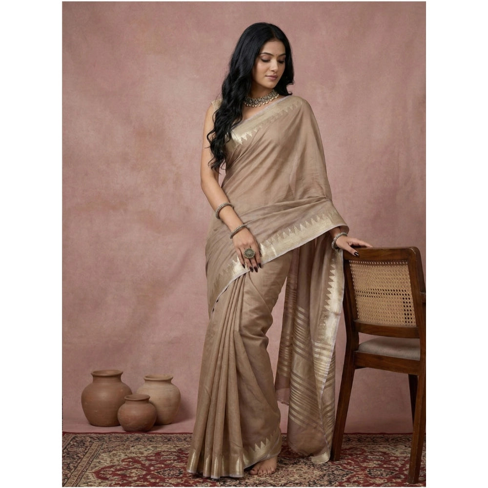 Snuggle Spot Women's Cotton Printed Saree With Unstitched Blouse 5.5Mtr (Beige)