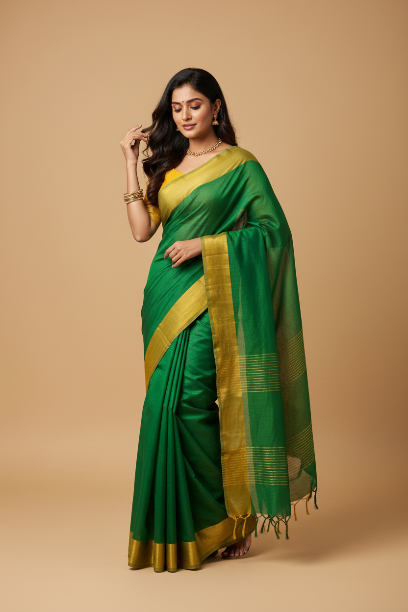 Snuggle Spot Women's Cotton Printed Saree With Unstitched Blouse 5.5Mtr (Green)
