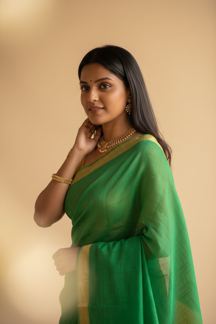 Snuggle Spot Women's Cotton Printed Saree With Unstitched Blouse 5.5Mtr (Green)