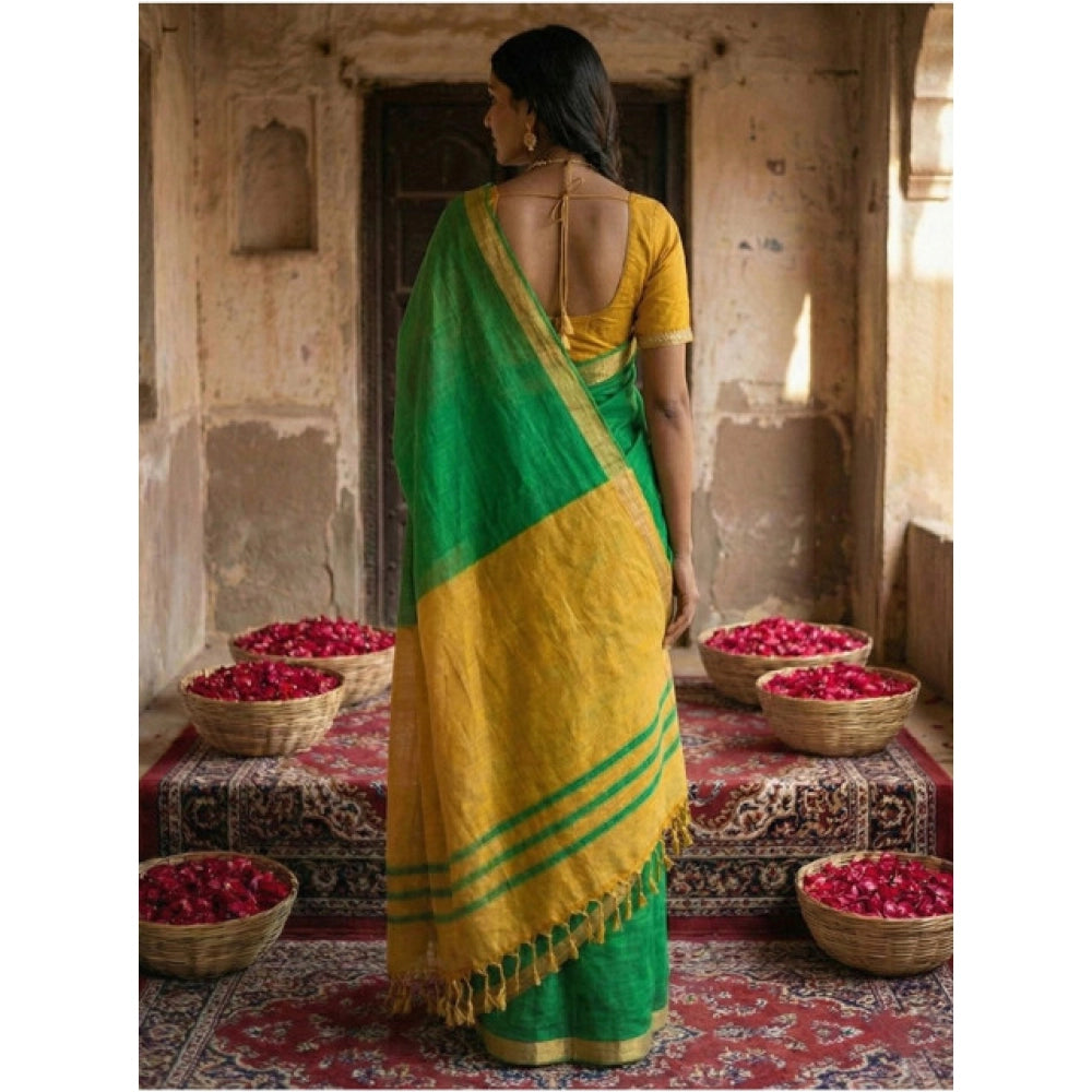 Snuggle Spot Women's Cotton Printed Saree With Unstitched Blouse 5.5Mtr (Green)
