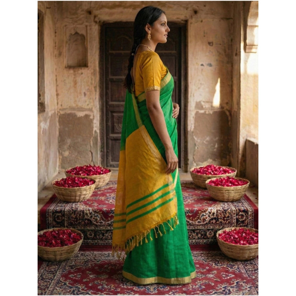 Snuggle Spot Women's Cotton Printed Saree With Unstitched Blouse 5.5Mtr (Green)