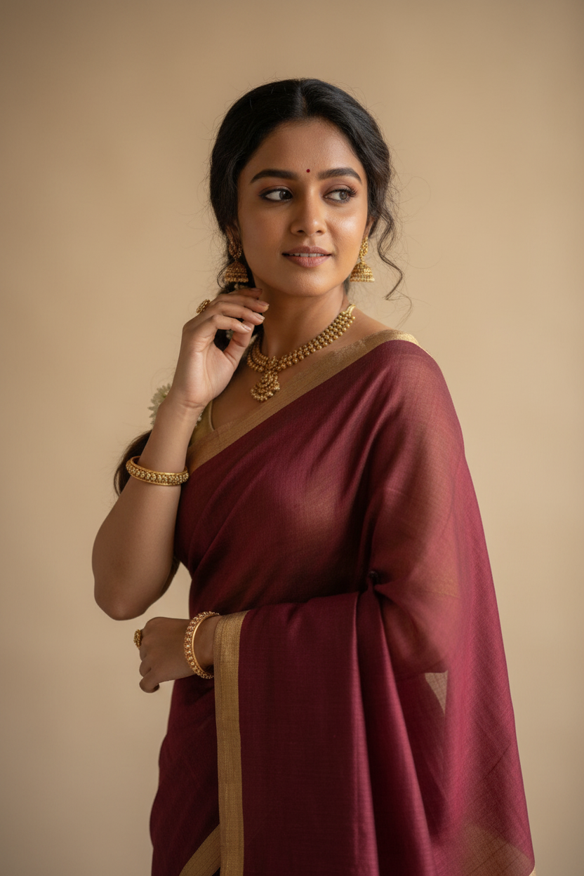Snuggle Spot Women's Cotton Printed Saree With Unstitched Blouse 5.5Mtr (Wine)