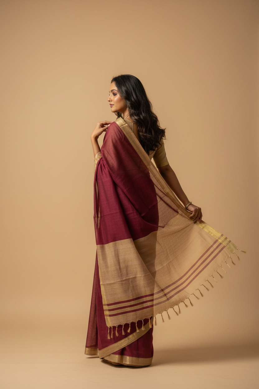 Snuggle Spot Women's Cotton Printed Saree With Unstitched Blouse 5.5Mtr (Wine)