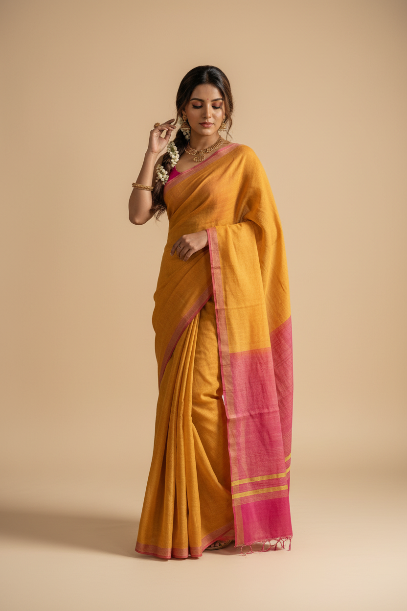 Snuggle Spot Women's Cotton Printed Saree With Unstitched Blouse 5.5Mtr (Yellow)