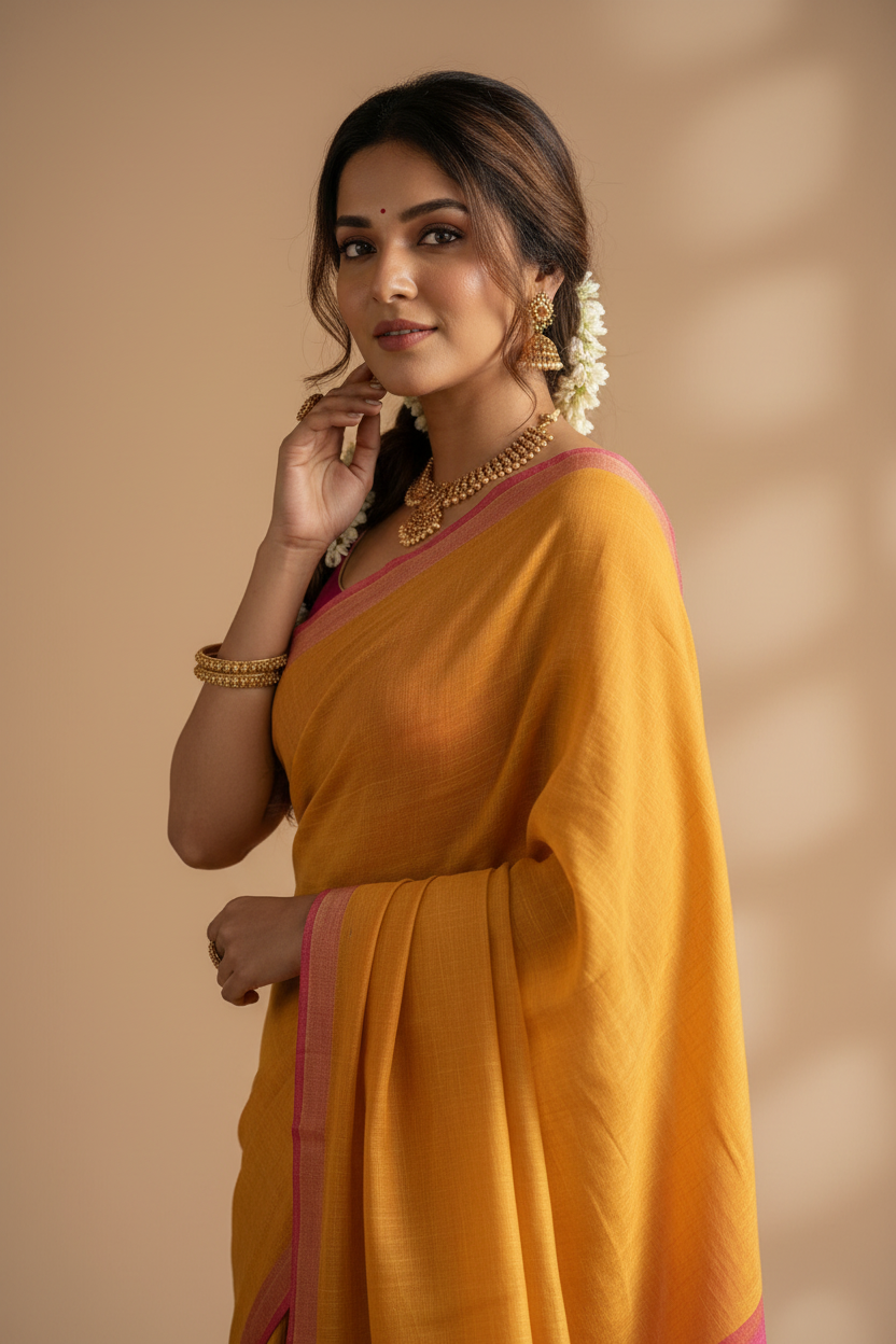 Snuggle Spot Women's Cotton Printed Saree With Unstitched Blouse 5.5Mtr (Yellow)