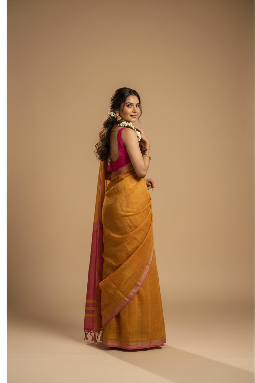 Snuggle Spot Women's Cotton Printed Saree With Unstitched Blouse 5.5Mtr (Yellow)