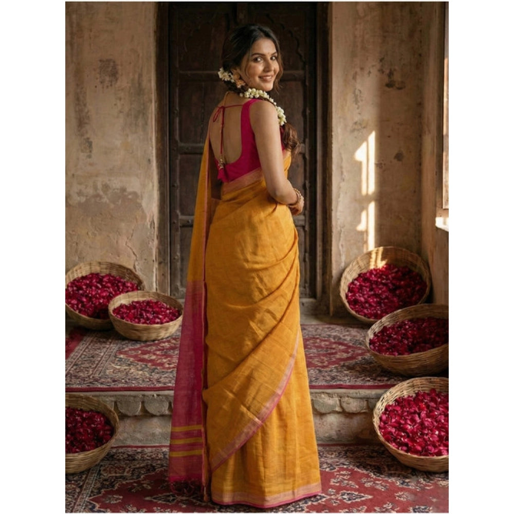 Snuggle Spot Women's Cotton Printed Saree With Unstitched Blouse 5.5Mtr (Yellow)