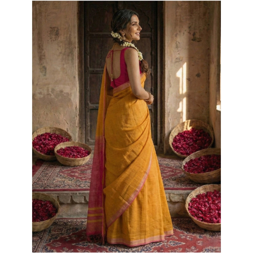 Snuggle Spot Women's Cotton Printed Saree With Unstitched Blouse 5.5Mtr (Yellow)