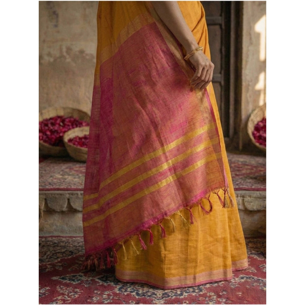 Snuggle Spot Women's Cotton Printed Saree With Unstitched Blouse 5.5Mtr (Yellow)