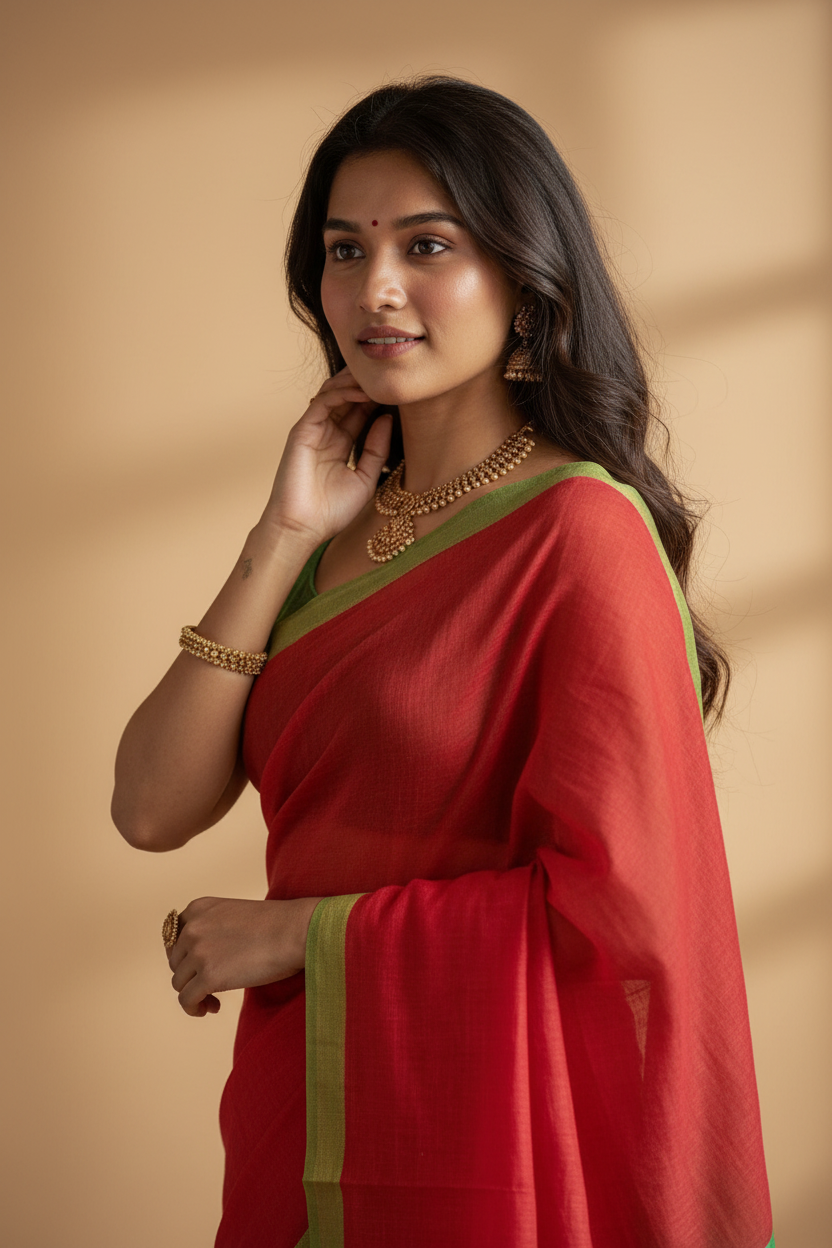 Snuggle Spot Women's Cotton Printed Saree With Unstitched Blouse 5.5Mtr (Red)