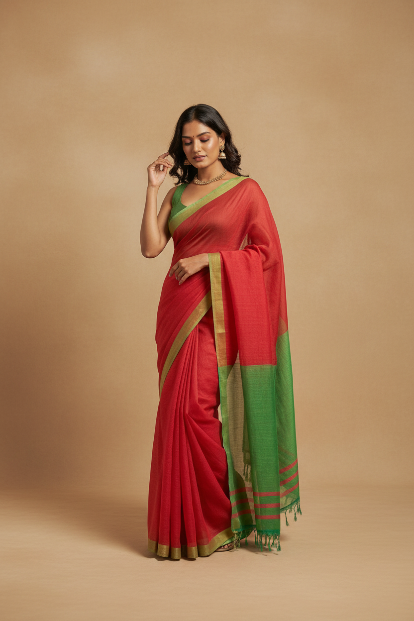 Snuggle Spot Women's Cotton Printed Saree With Unstitched Blouse 5.5Mtr (Red)