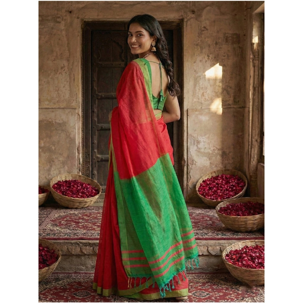 Snuggle Spot Women's Cotton Printed Saree With Unstitched Blouse 5.5Mtr (Red)