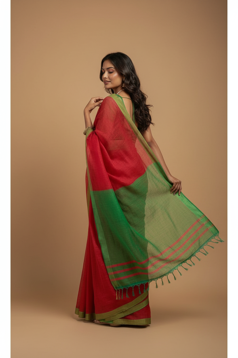 Snuggle Spot Women's Cotton Printed Saree With Unstitched Blouse 5.5Mtr (Red)