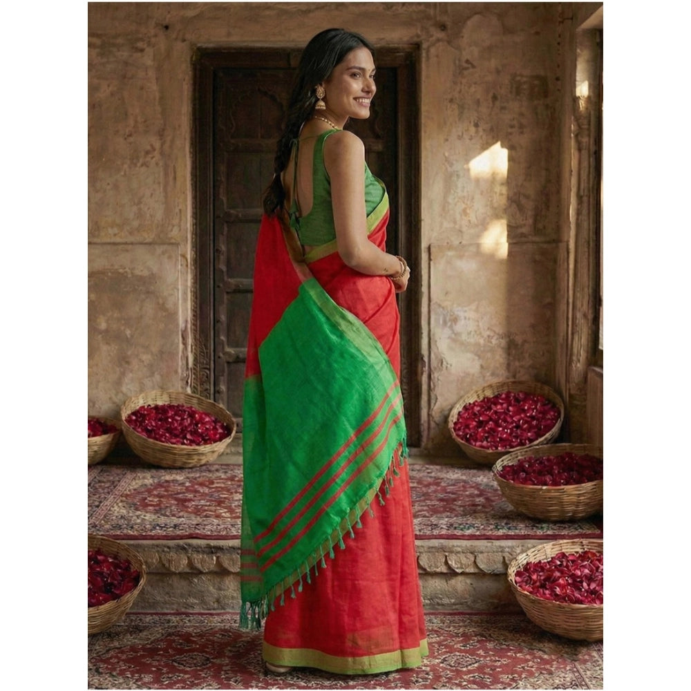Snuggle Spot Women's Cotton Printed Saree With Unstitched Blouse 5.5Mtr (Red)